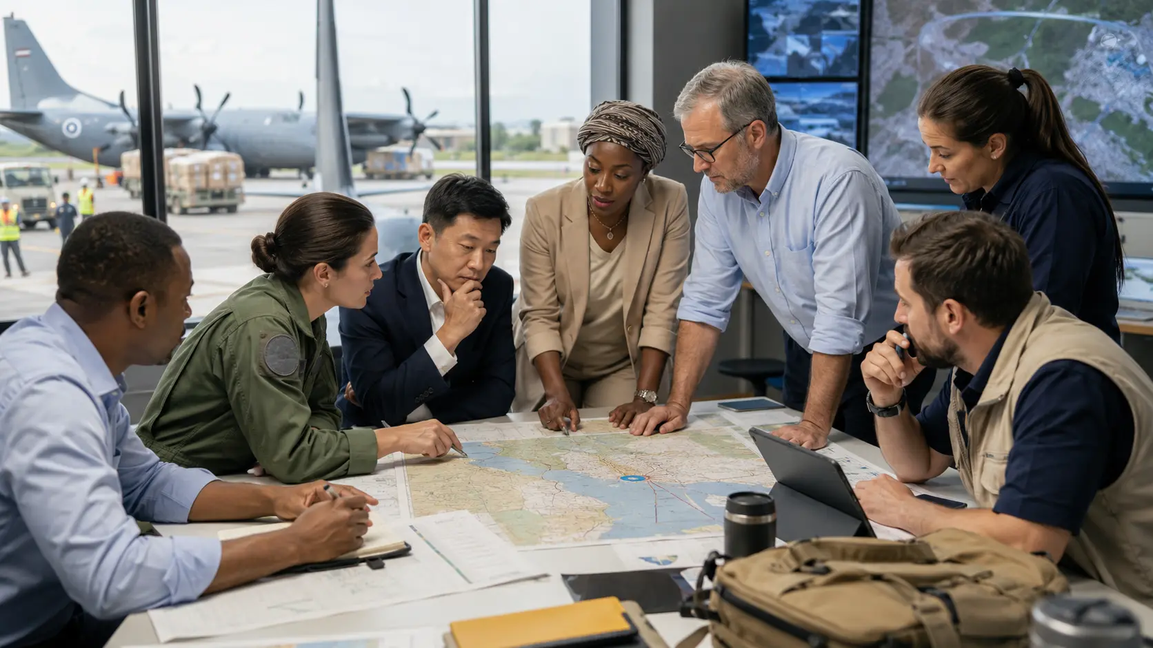 Mission planning team reviewing routes beside a cargo aircraft