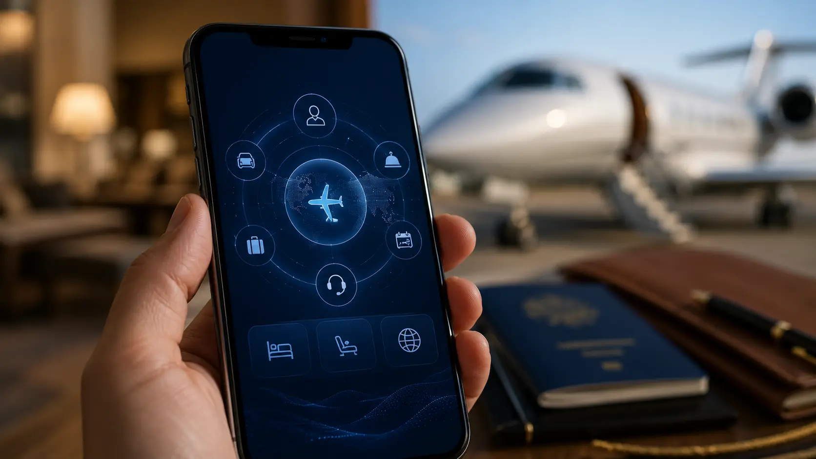 Charter King One mobile app open beside a private jet on the apron