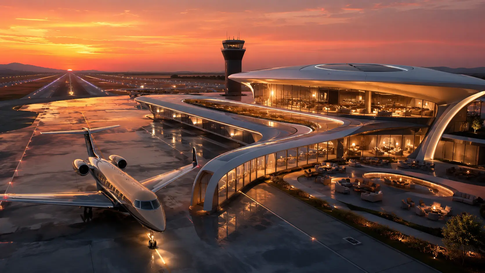 Modern private aviation terminal at dusk