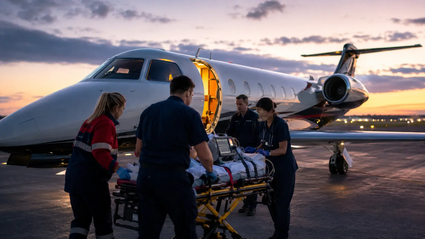 Medical crew loading a patient onto an air ambulance jet