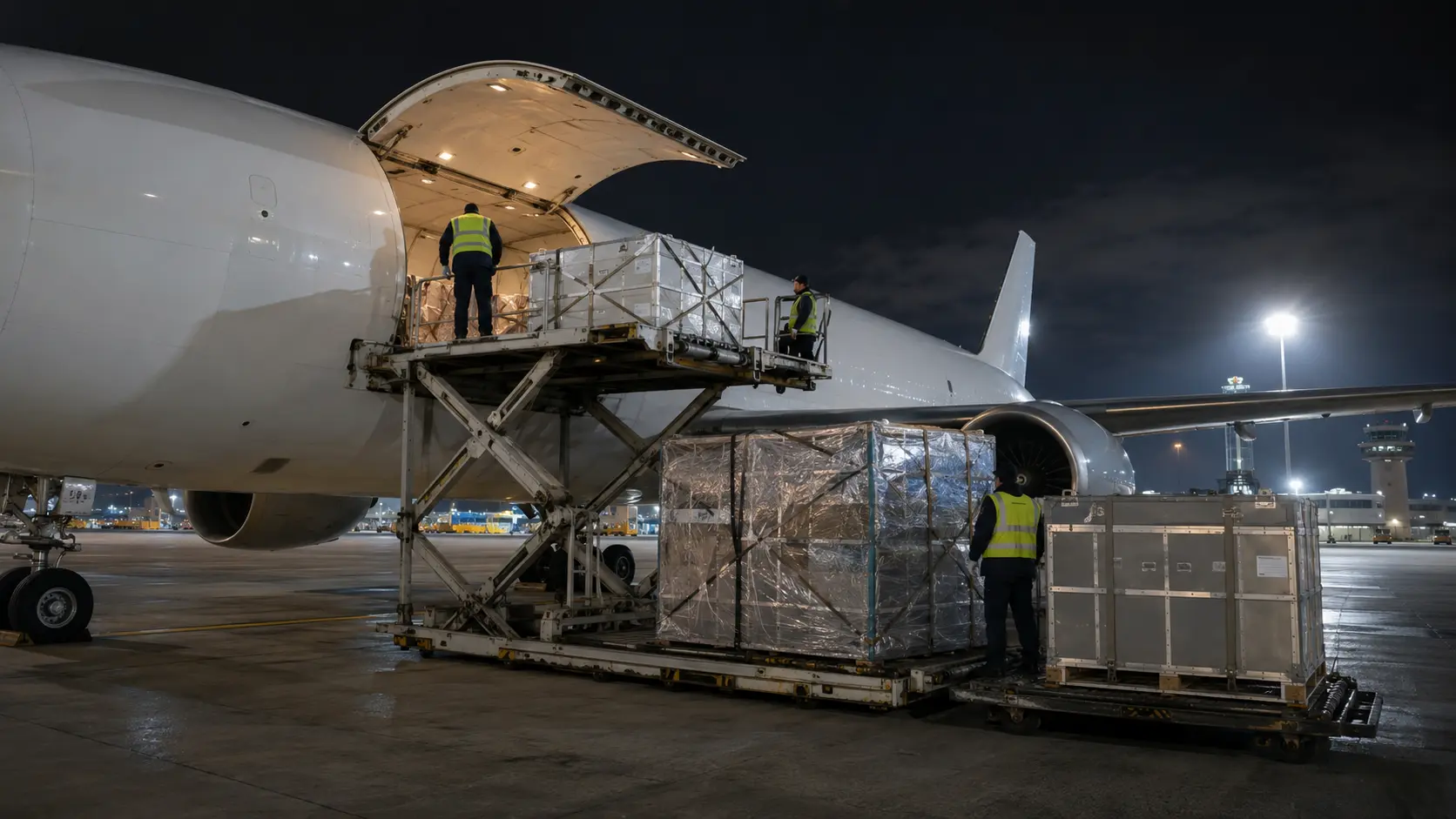 Palletised freight loaded onto a cargo aircraft at night