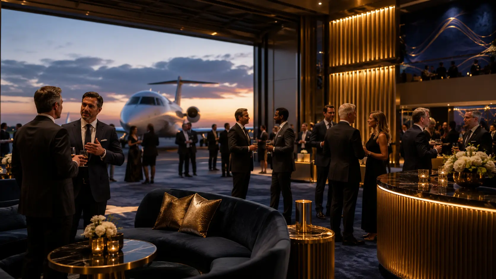 Charter King Club gala event in a hangar at sunset