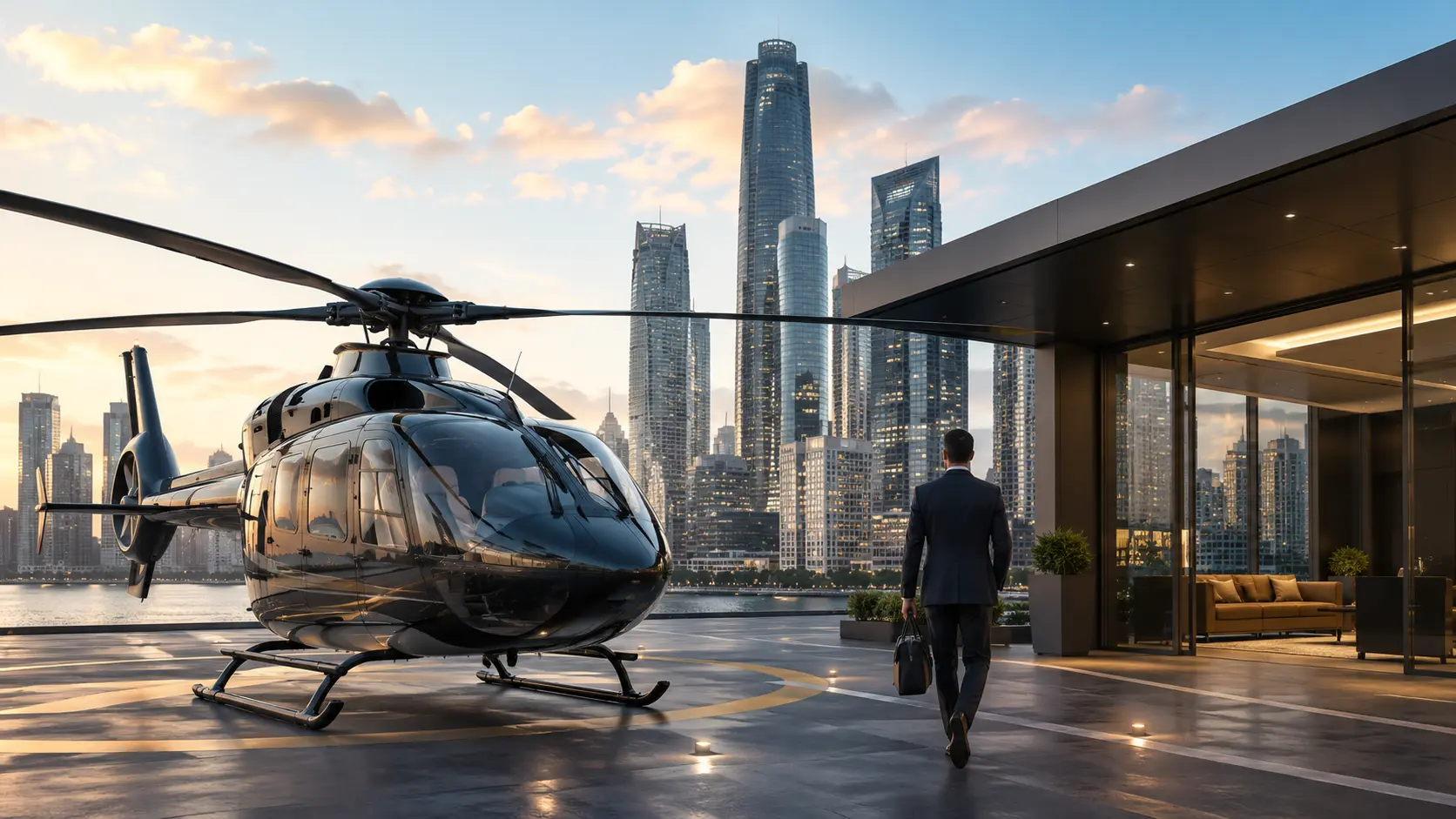 Executive helicopter on a city rooftop helipad at dusk