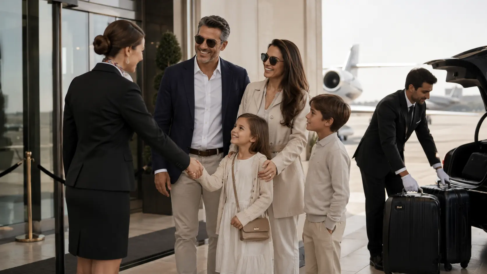 Concierge greeting a family arriving at a private terminal beside their jet