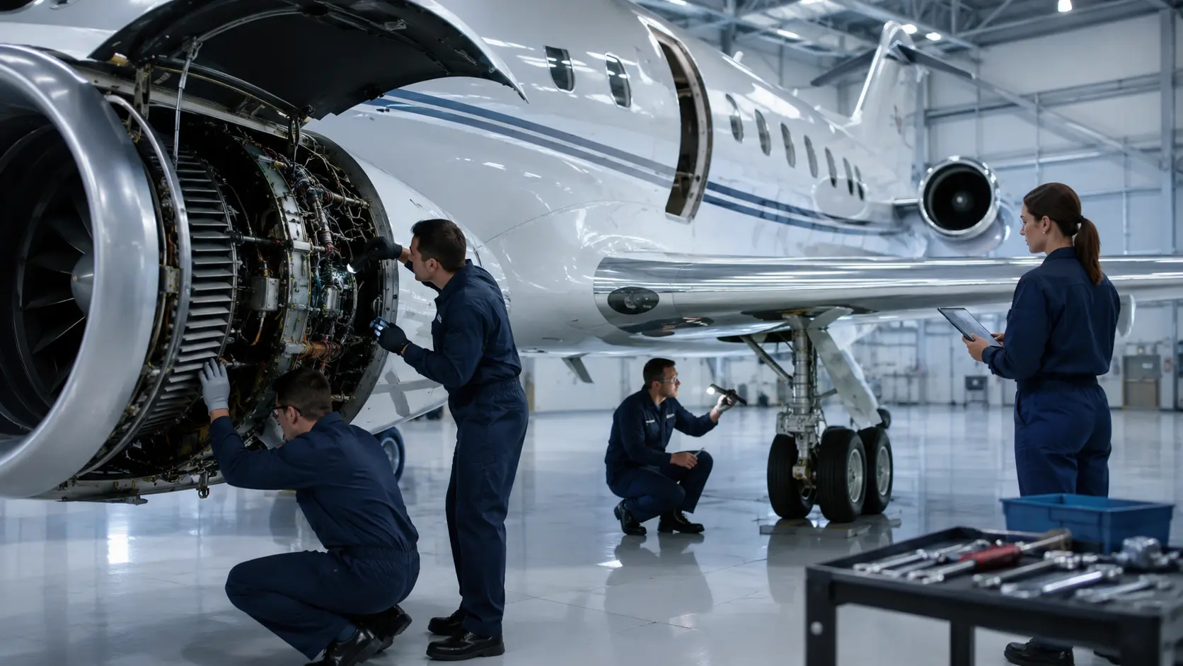 Engineers performing maintenance on a business jet