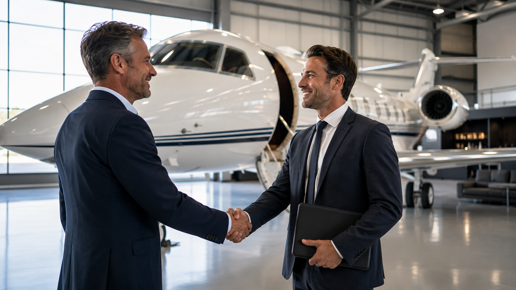 Operator and Charter King Club partner shaking hands in front of a business jet