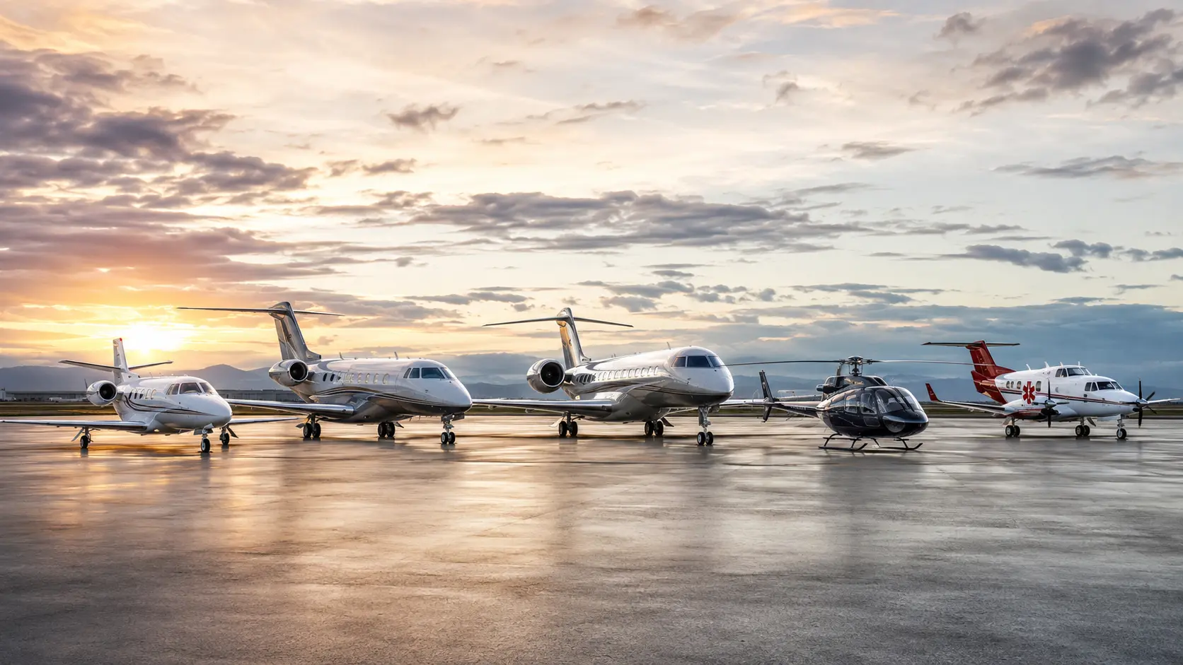 Private jets, helicopter and turboprop on the ramp at sunset