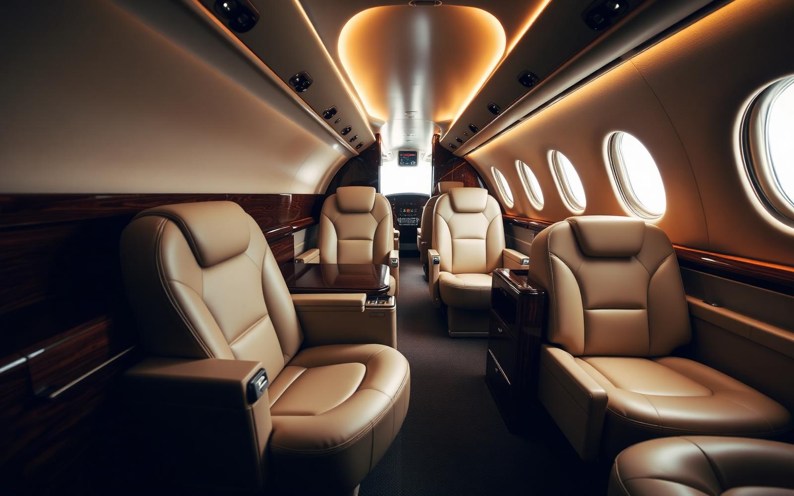 Luxury private jet cabin interior with cream leather seating