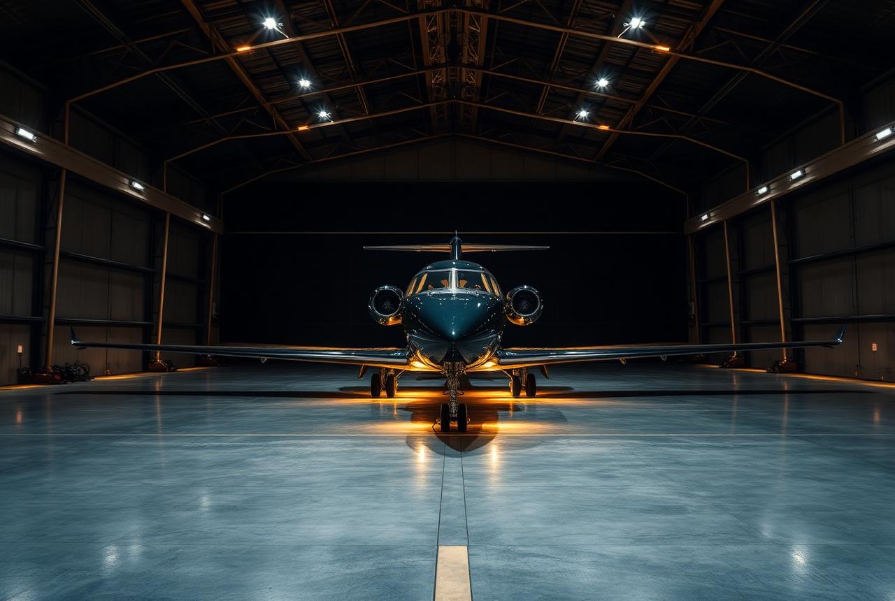 Private jet inside a luxury hangar at night