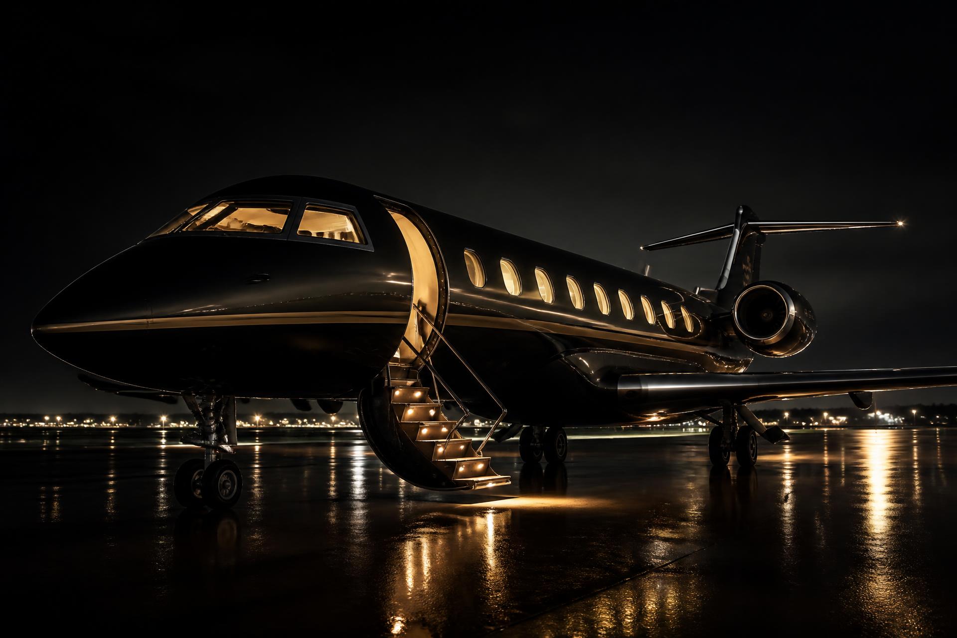 Private jet on a night runway with warm cabin lighting