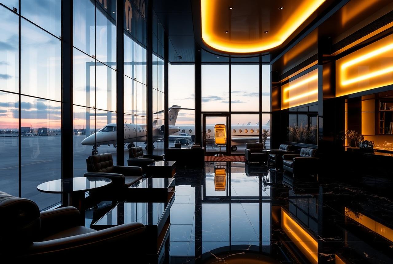 Private airport lounge overlooking a jet at dusk